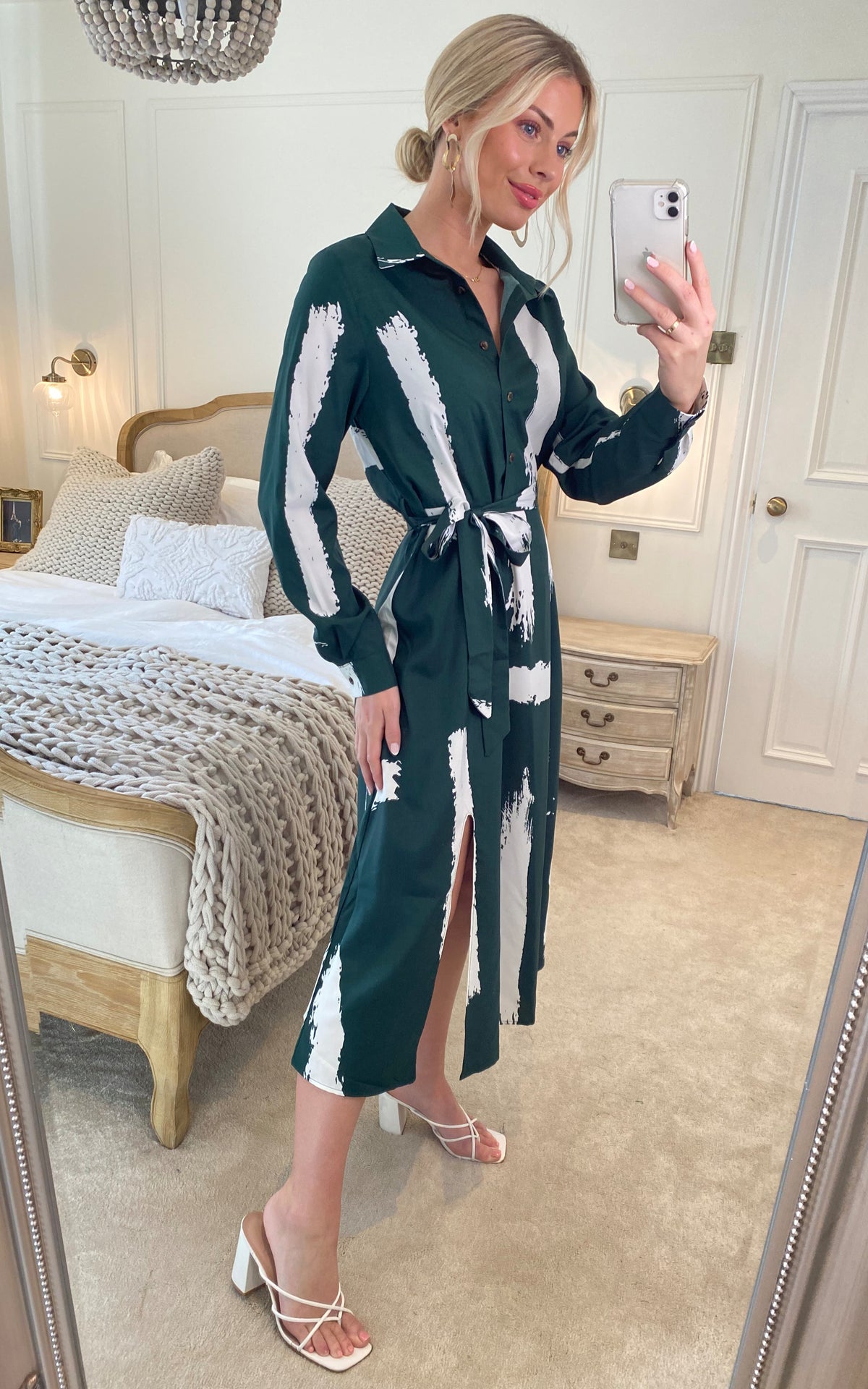 Long sleeve midi shirt dress in forest green abstract print