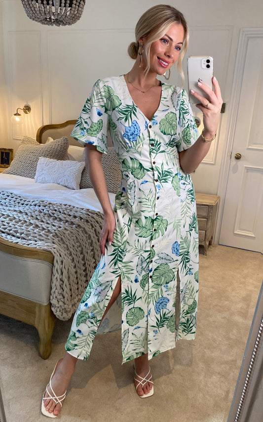 V-neck botanical leaf print short sleeves maxi dress with smock waist