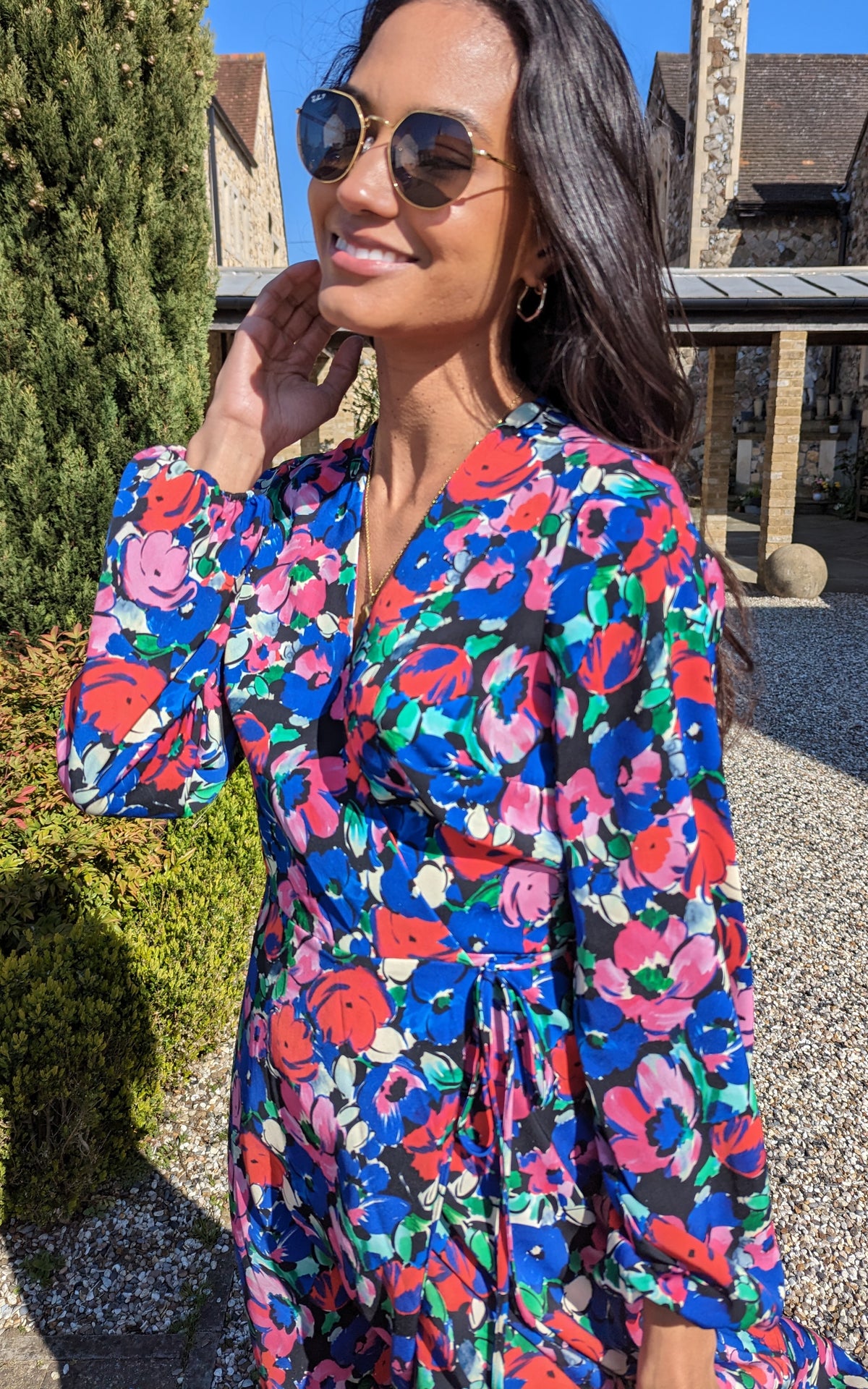 Long Sleeve Midi Wrap Dress in Blue and Red Floral Print