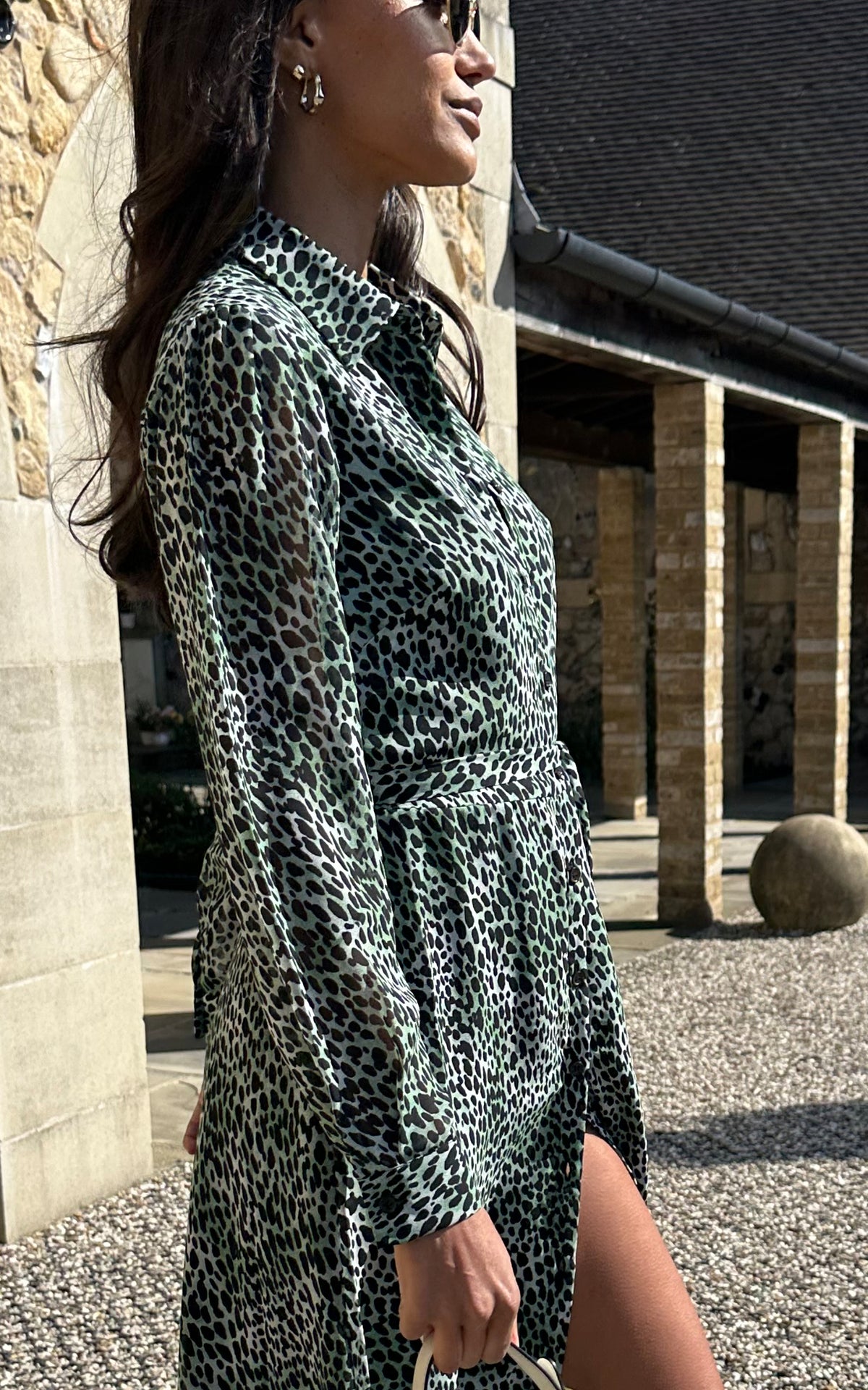 Long Sleeve Shirt Dress in Green Animal Print