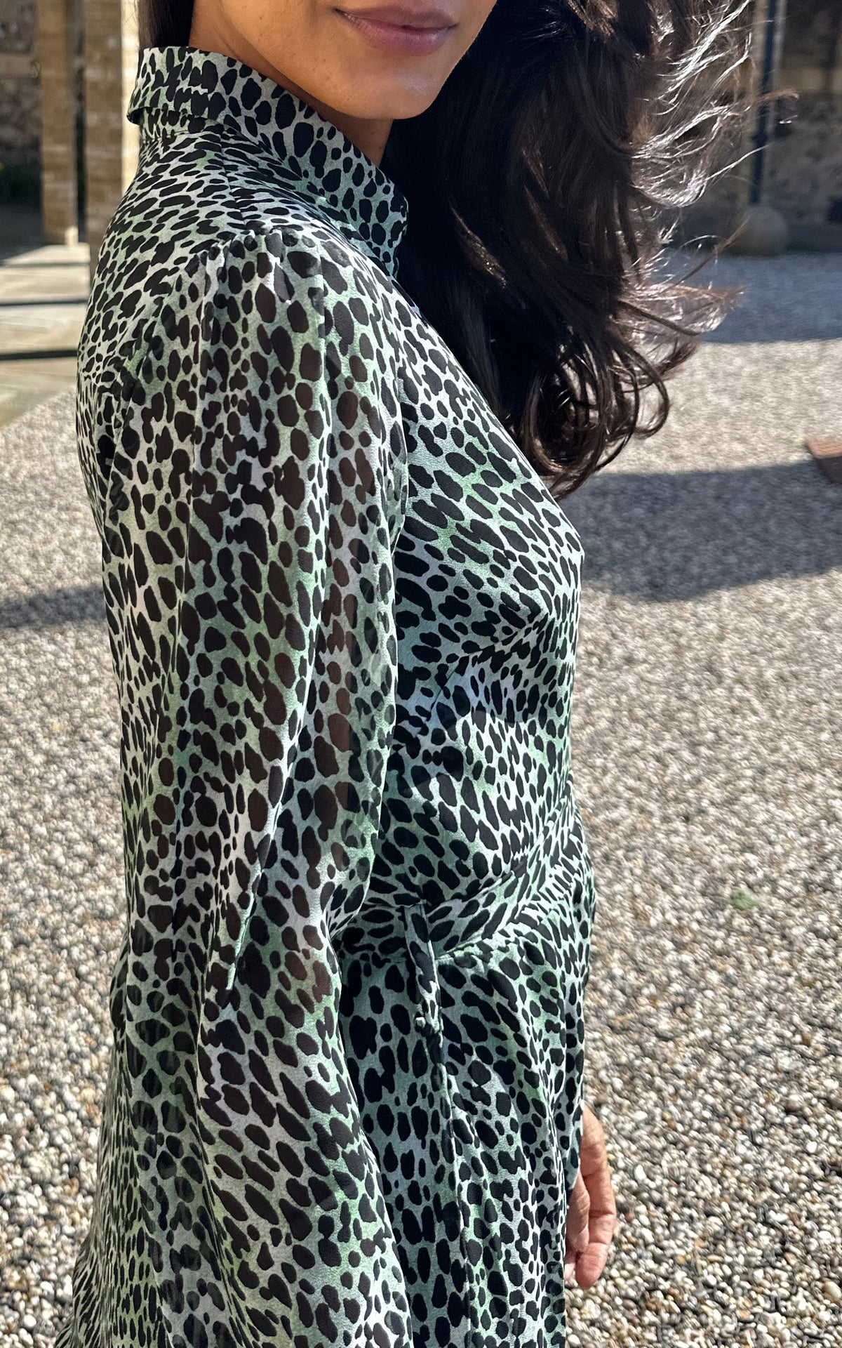 Long Sleeve Shirt Dress in Green Animal Print