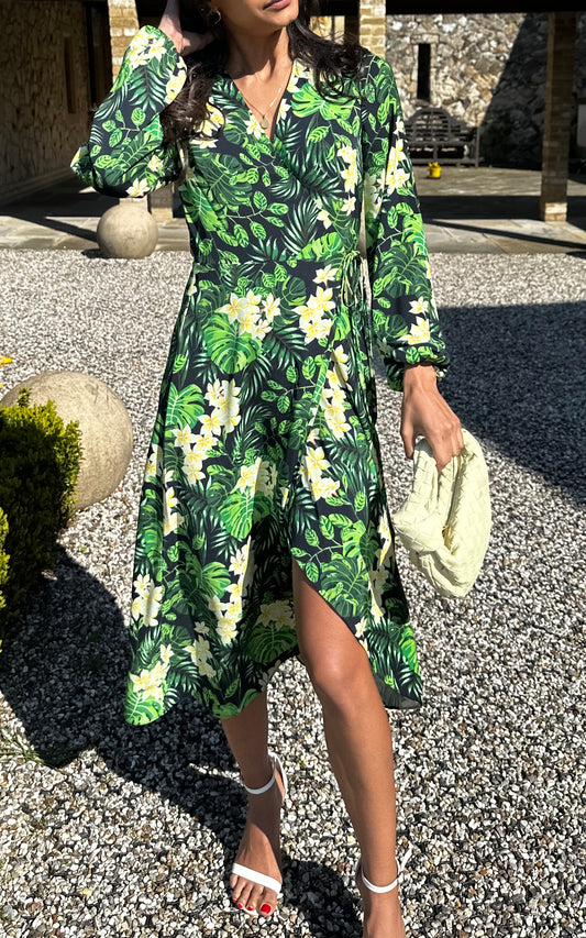 Long Sleeve Midi Wrap Dress in Green Tropical Print