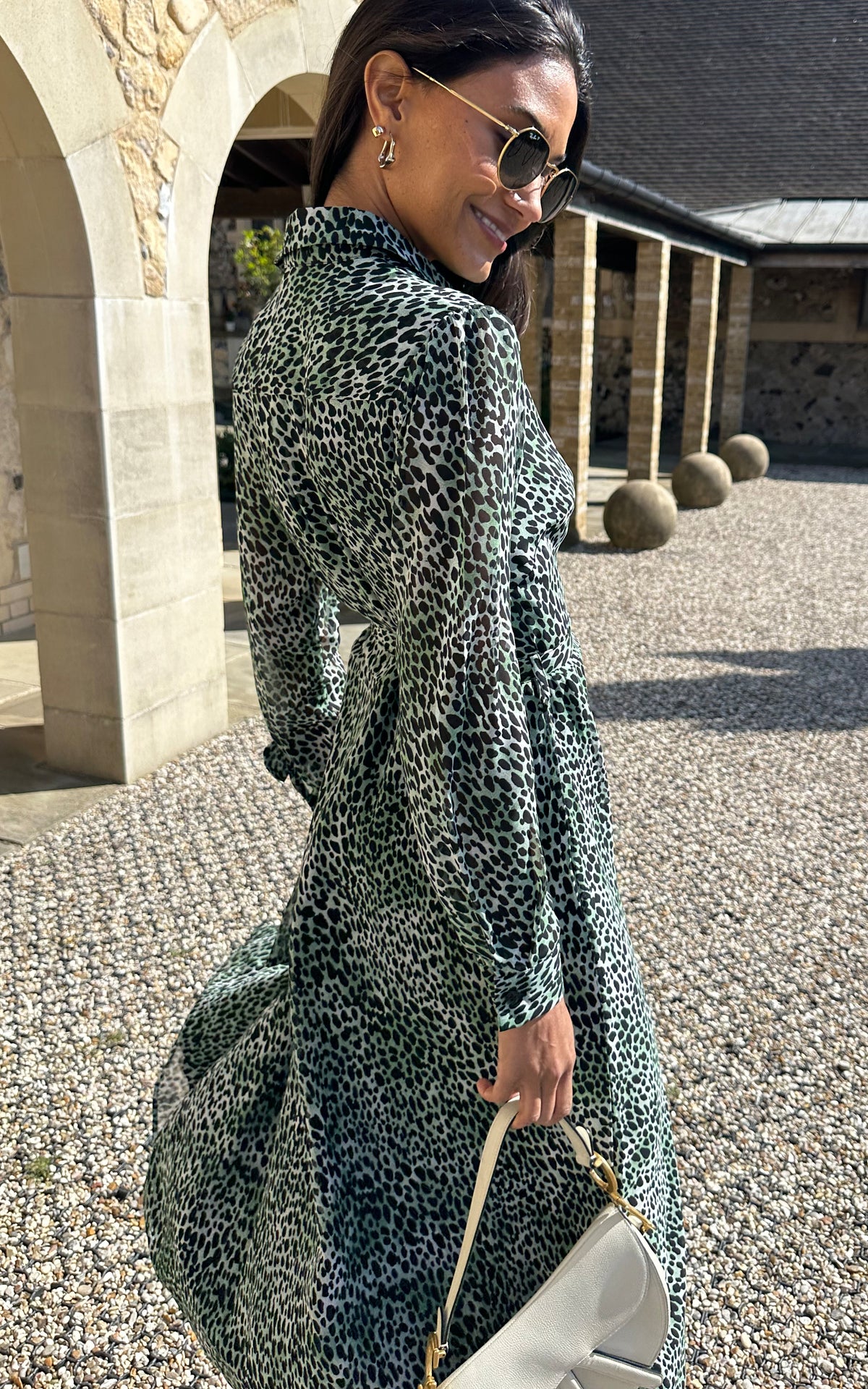 Long Sleeve Shirt Dress in Green Animal Print