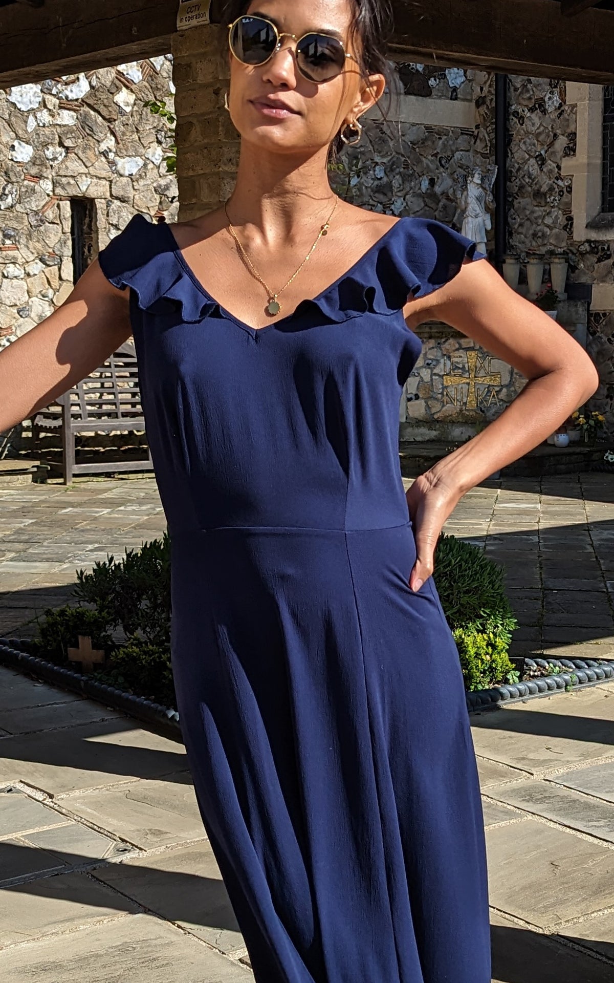 Sleeveless V Neck Tie Back Maxi Dress in Navy
