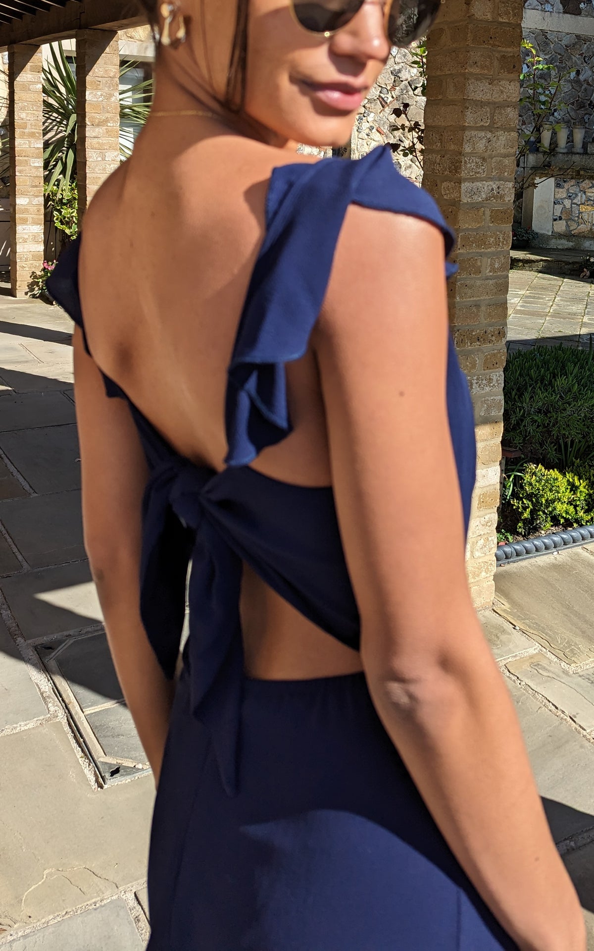 Sleeveless V Neck Tie Back Maxi Dress in Navy