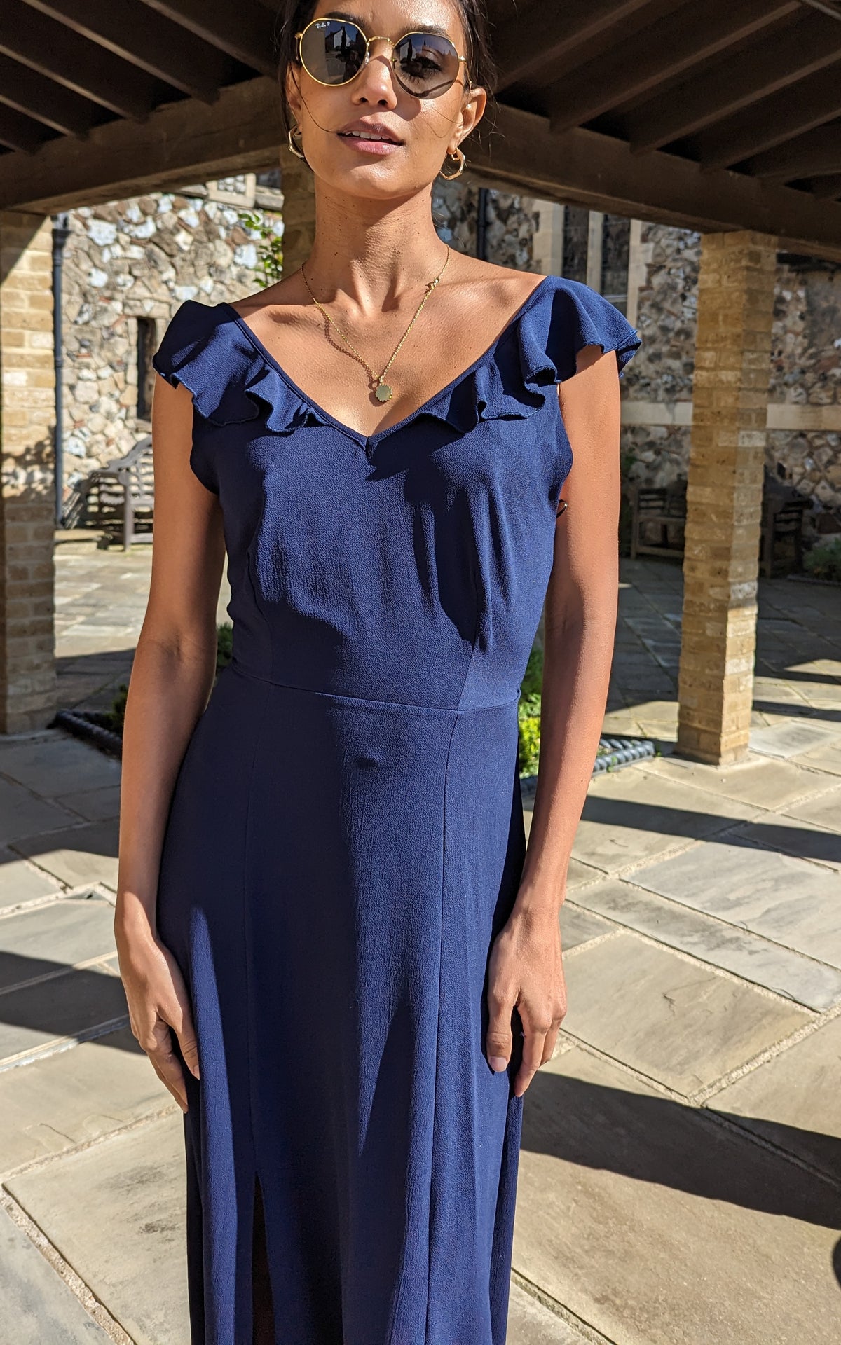 Sleeveless V Neck Tie Back Maxi Dress in Navy