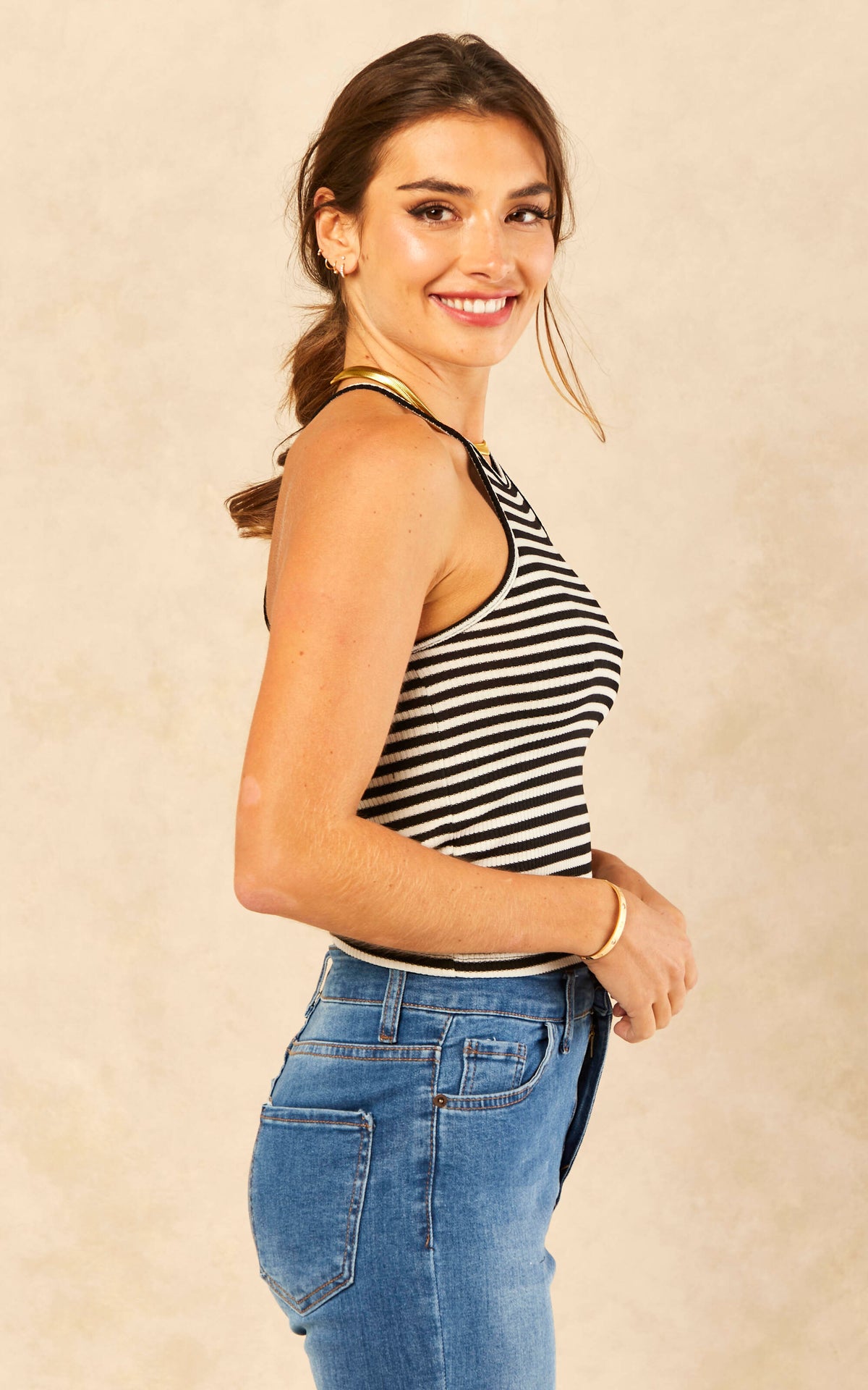 Sleeveless Ribbed Vest Top in Black and White Stripped
