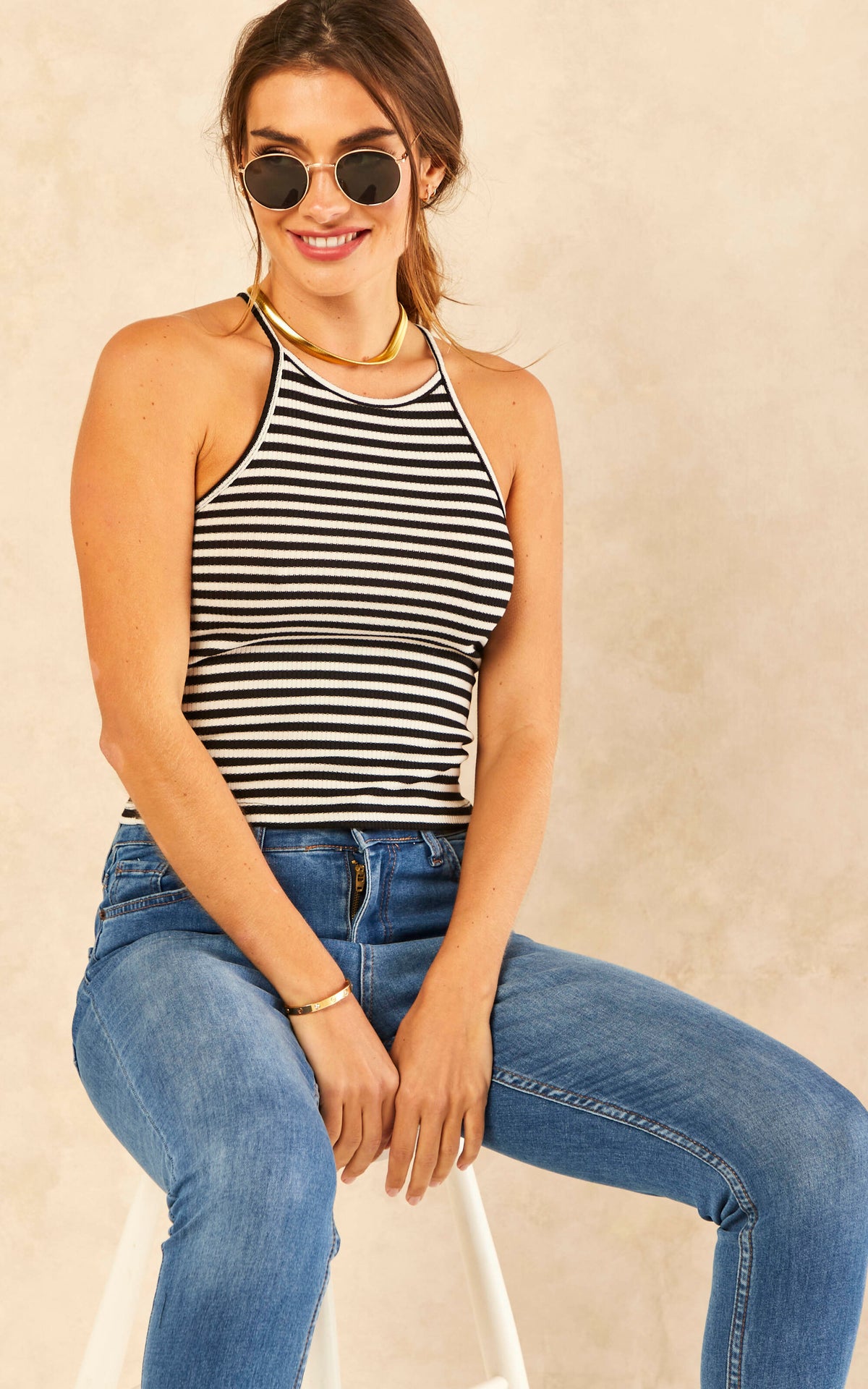 Sleeveless Ribbed Vest Top in Black and White Stripped