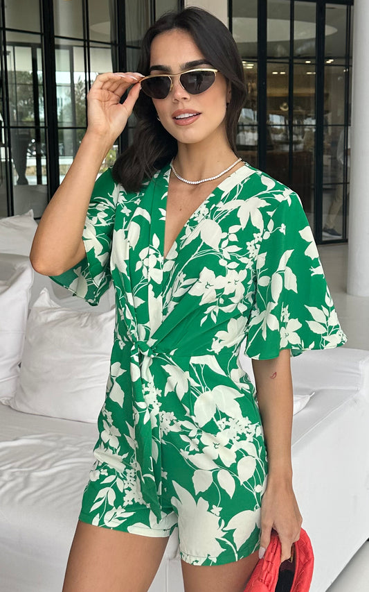 Kimono Knot Top Playsuit in Green Floral Print