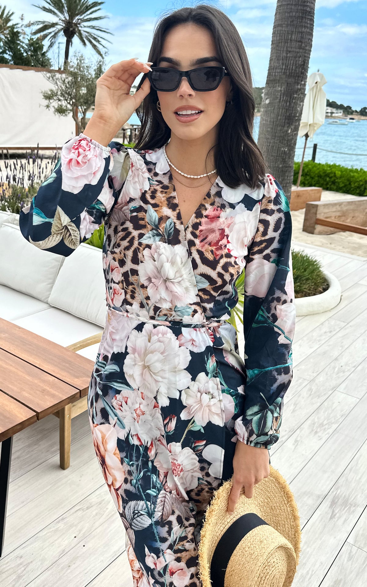 Lora Wrap Maxi Dress in Navy Floral Leopard print