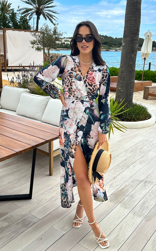 Lora Wrap Maxi Dress in Navy Floral Leopard print