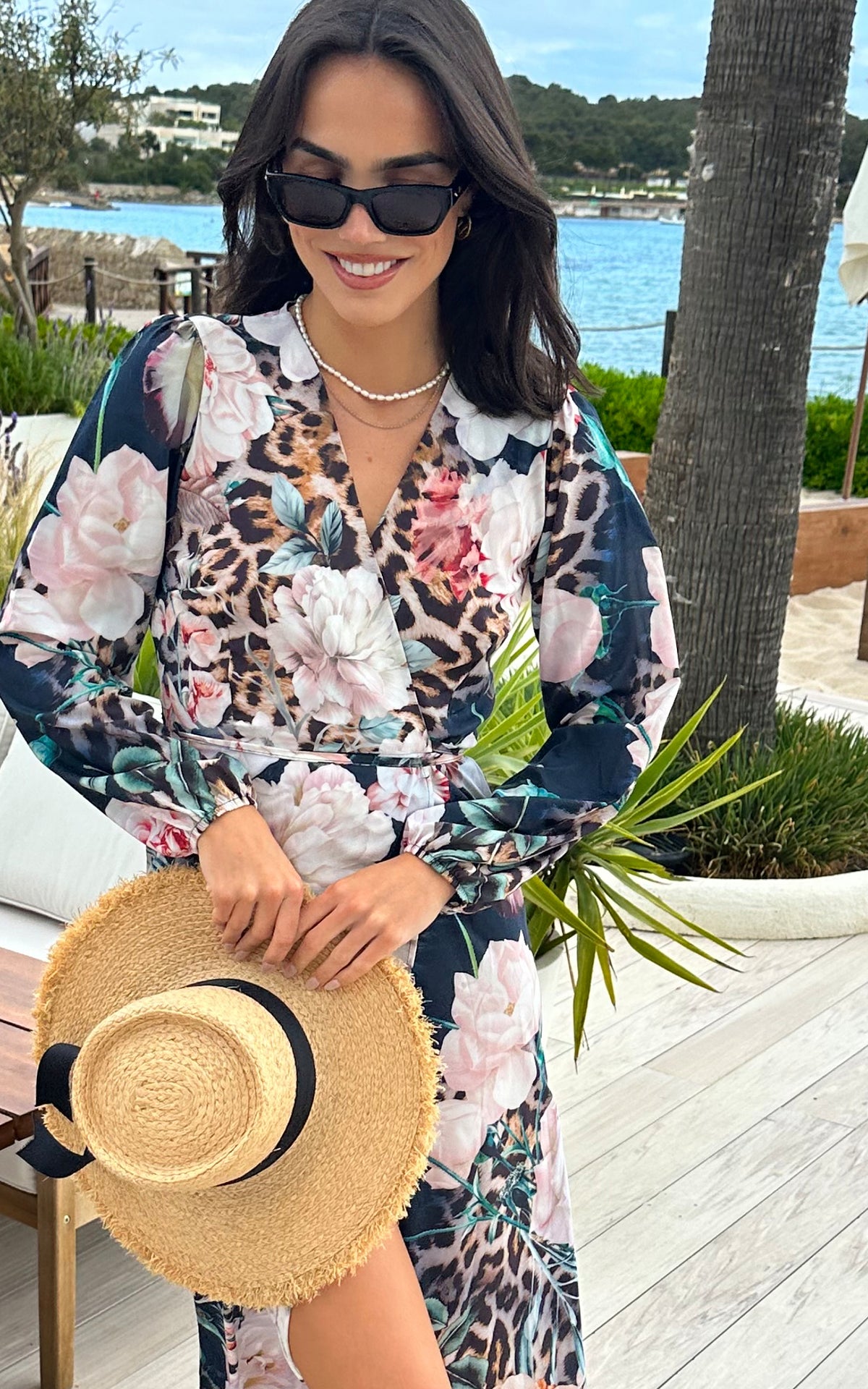 Lora Wrap Maxi Dress in Navy Floral Leopard print
