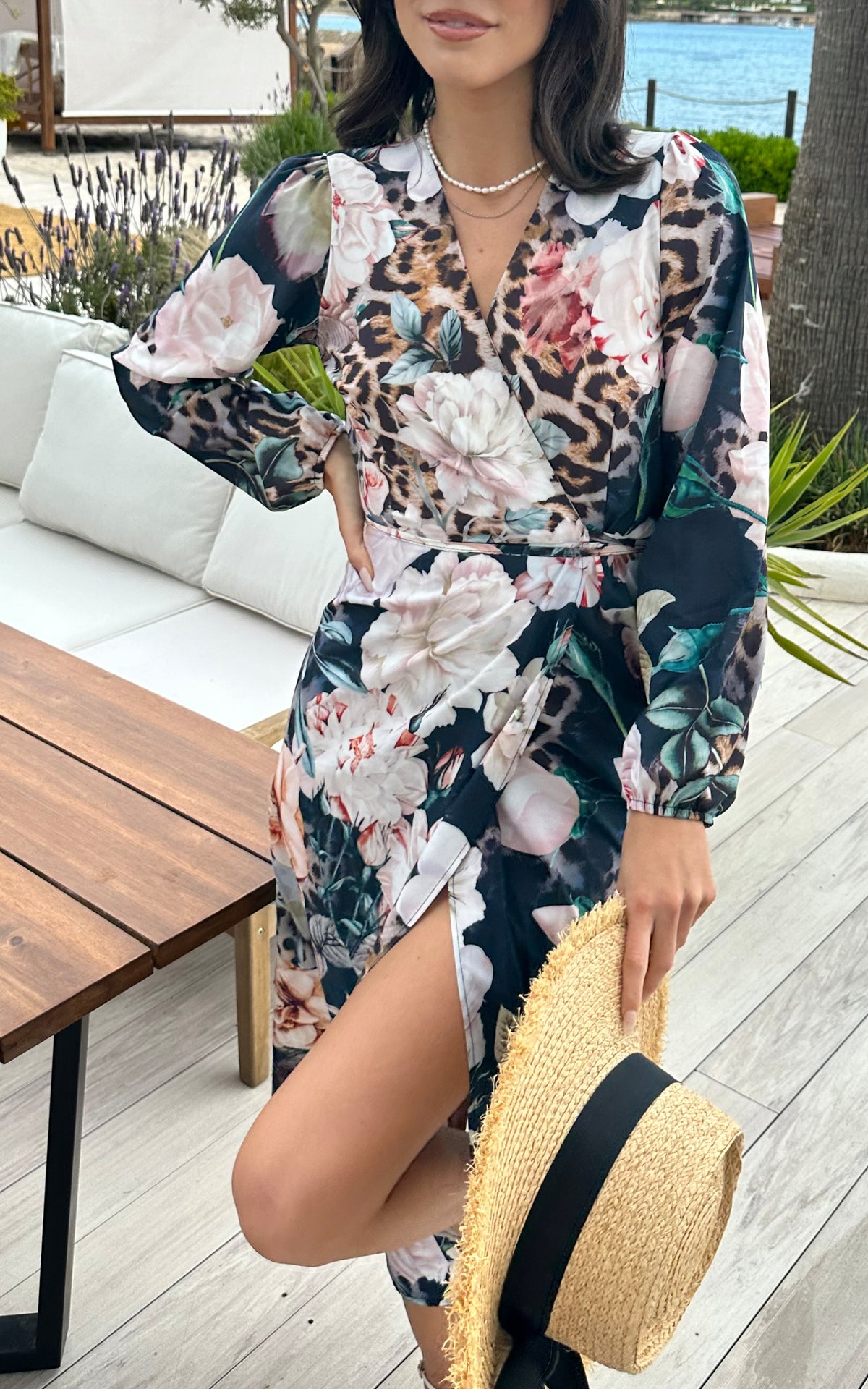 Lora Wrap Maxi Dress in Navy Floral Leopard print