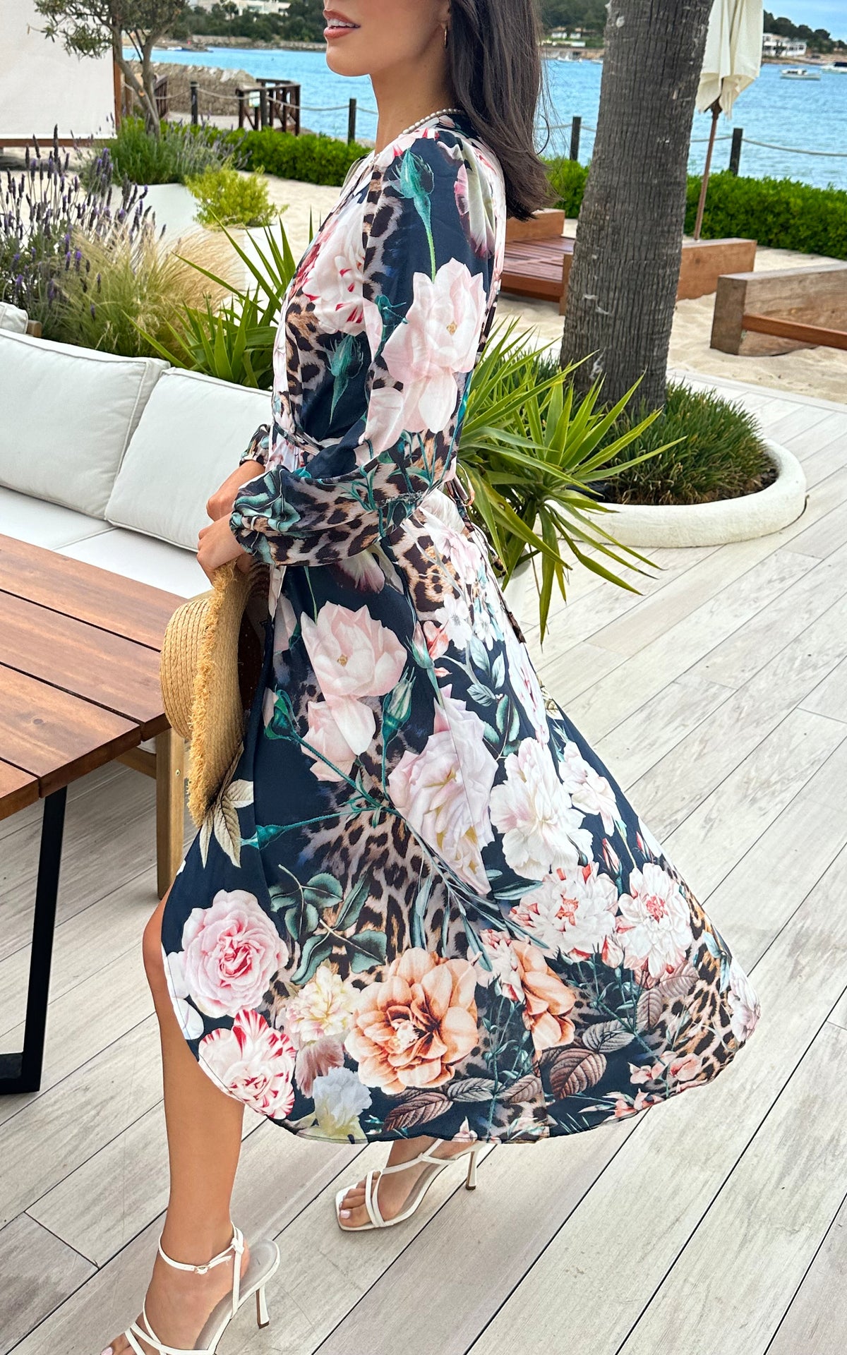 Lora Wrap Maxi Dress in Navy Floral Leopard print