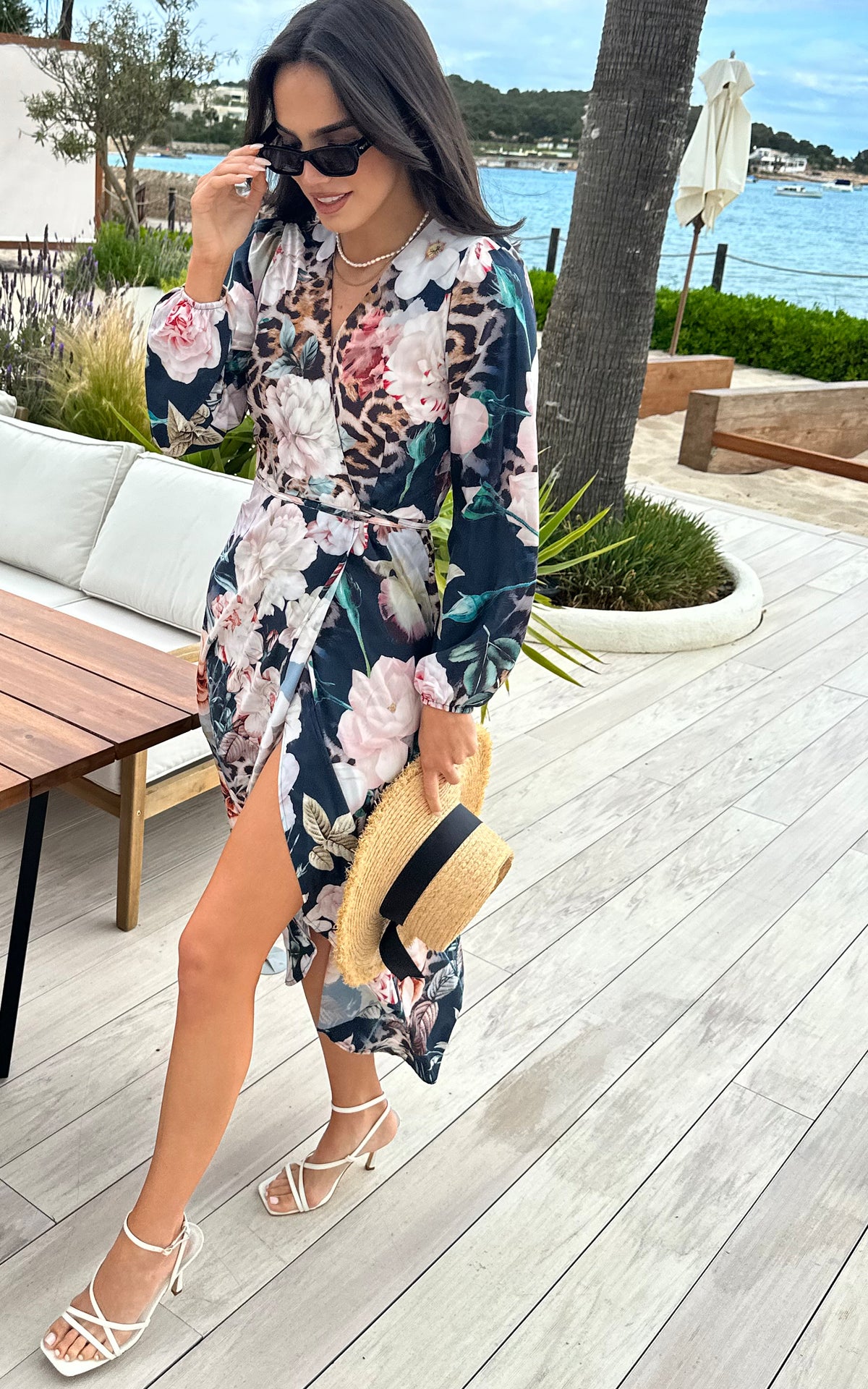 Lora Wrap Maxi Dress in Navy Floral Leopard print