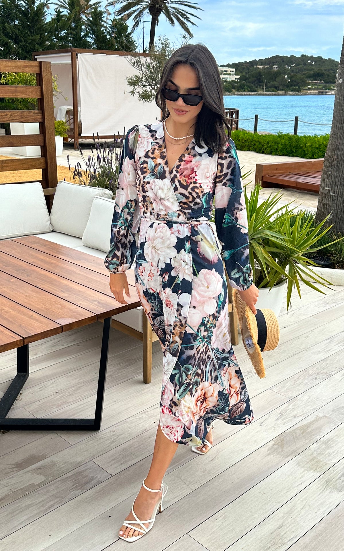 Lora Wrap Maxi Dress in Navy Floral Leopard print