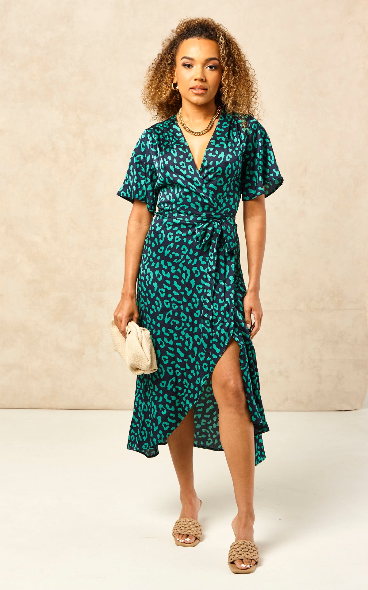 Petite Green/Navy Leopard Plunge Neck Floral Print Midi Wrap Dress