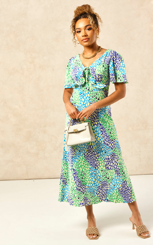 Petite Blue And Green Leopard Maxi Dress With Frill Detail