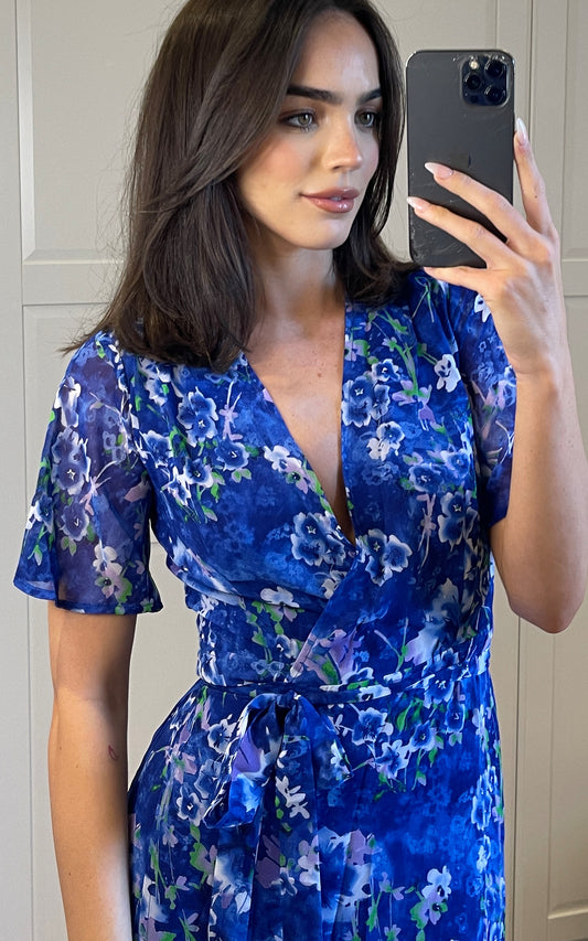 Floral print midi wrap dress in blue and multicolour