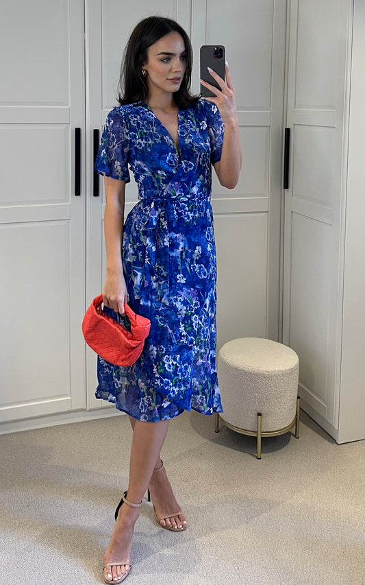 Floral print midi wrap dress in blue and multicolour