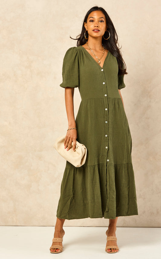 Khaki Tiered Smock Midi Dress