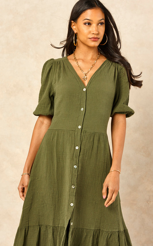 Khaki Tiered Smock Midi Dress