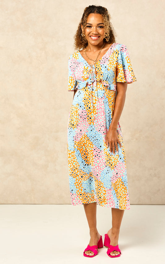 Petite V-neck maxi dress with frill detail in pink and blue leopard print