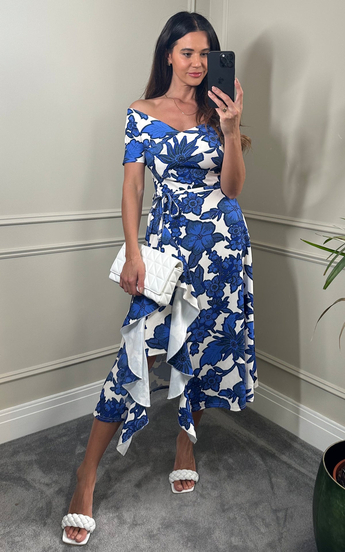 Exclusive Bardot Off Shoulder Frill Midi Print Dress Royal Blue