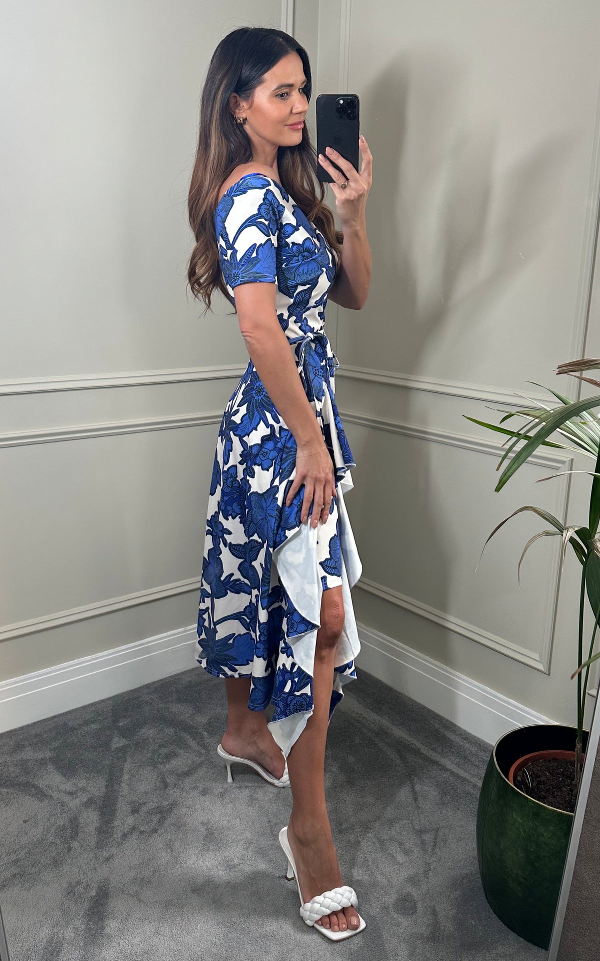Exclusive Bardot Off Shoulder Frill Midi Print Dress Royal Blue
