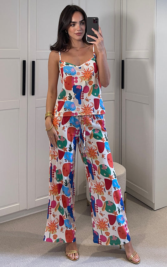 Multicolour sea creatures print wide leg trousers with elasticated waist band