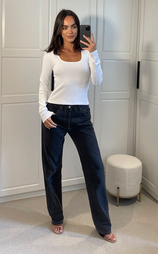 Long Sleeve Square Neck Ribbed Top in White