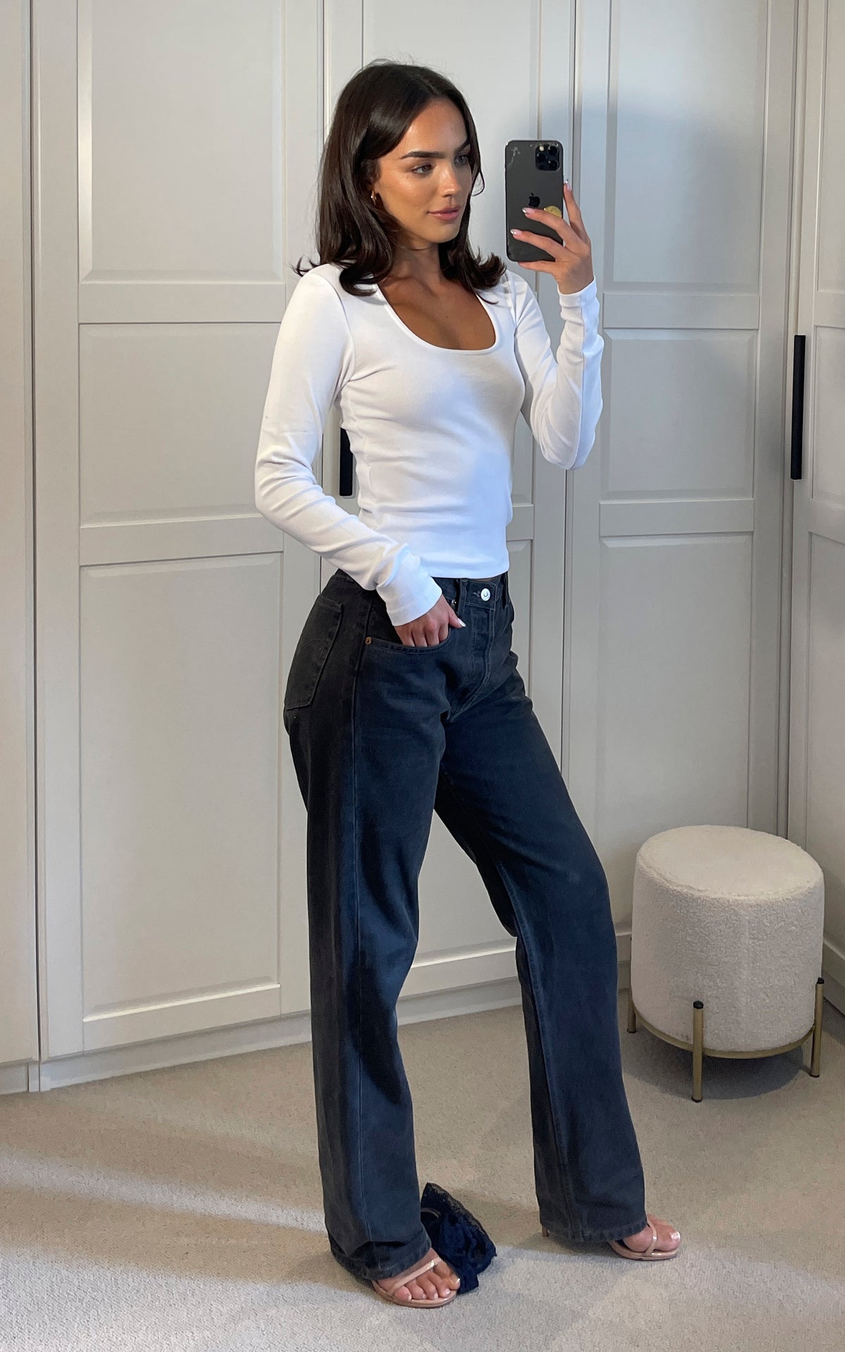 Long Sleeve Square Neck Ribbed Top in White