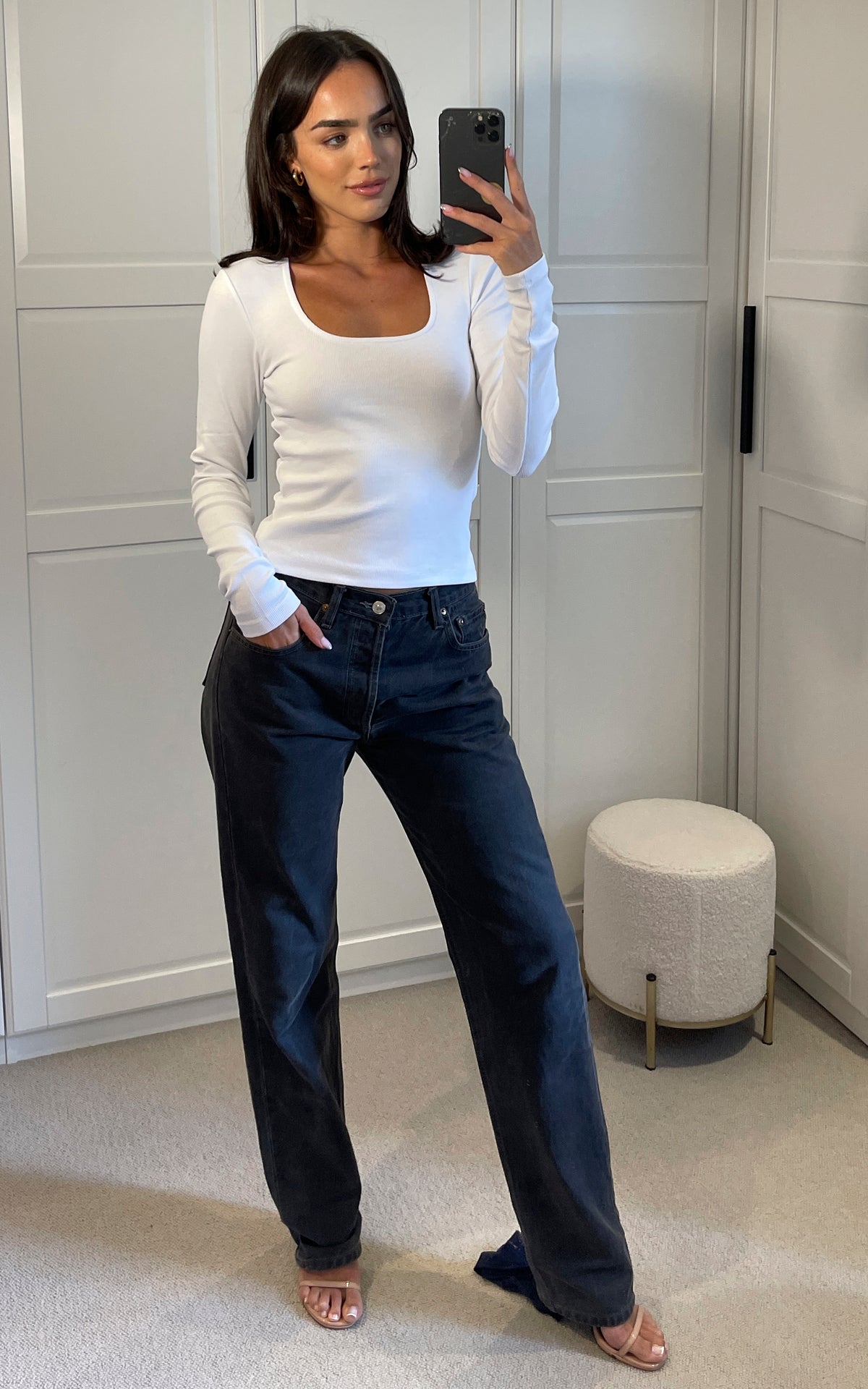 Long Sleeve Square Neck Ribbed Top in White