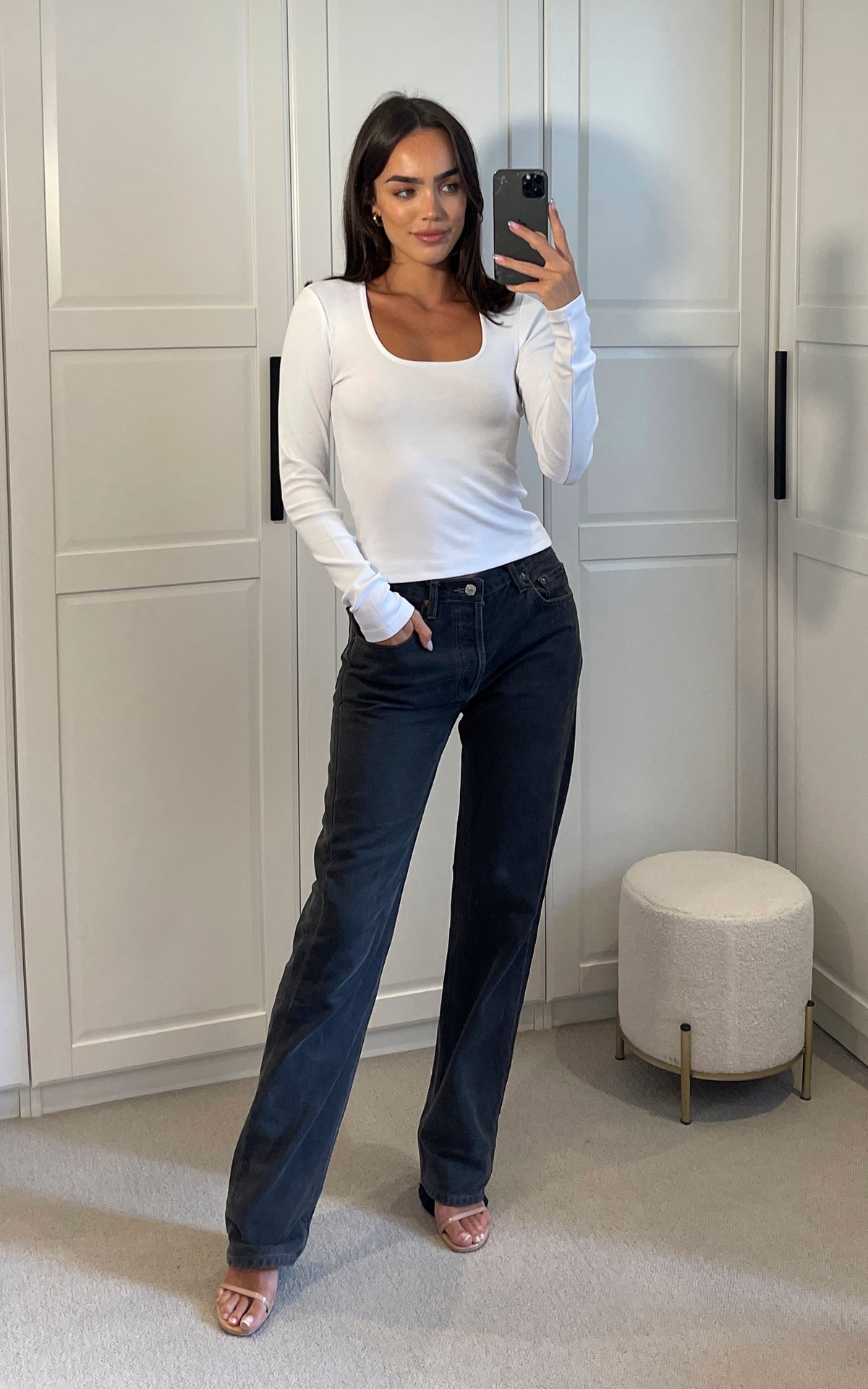 Long Sleeve Square Neck Ribbed Top in White