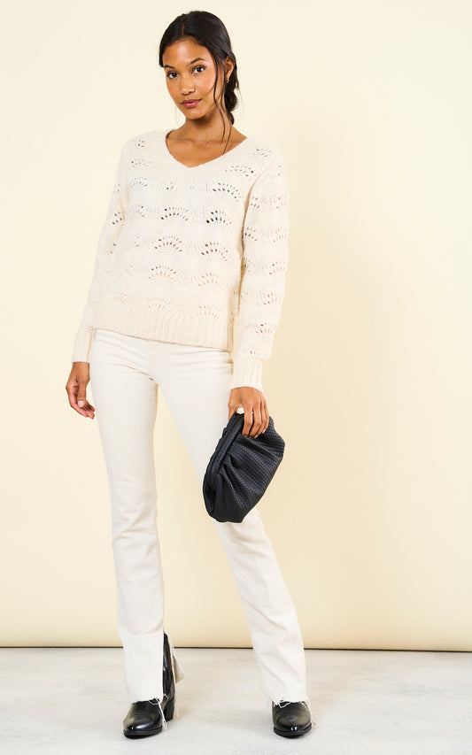 Long Sleeve Round Neck Oversized Pointelle Knitted Striped Jumper in Cream