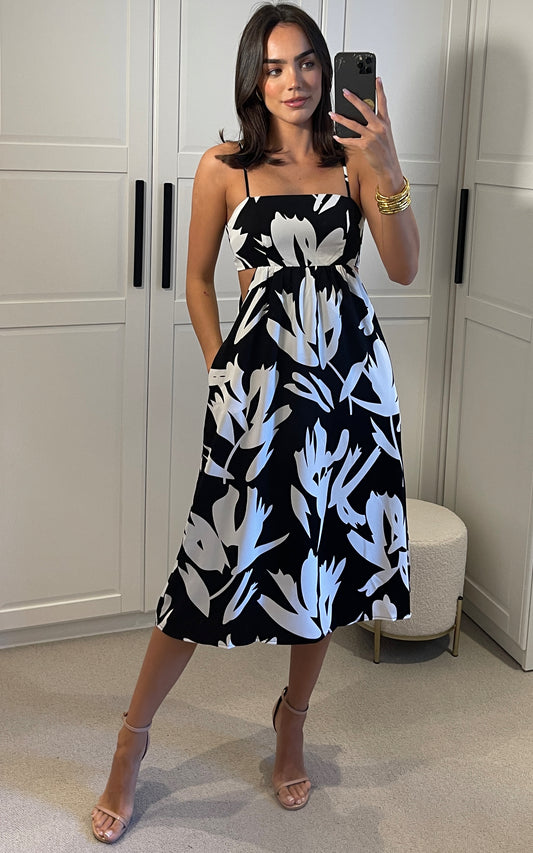Floral cami midi dress in black and white