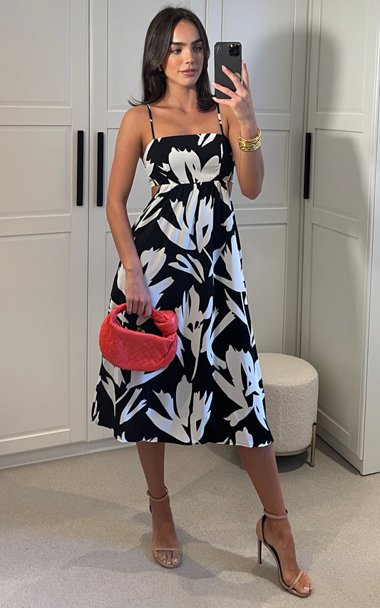 Floral cami midi dress in black and white