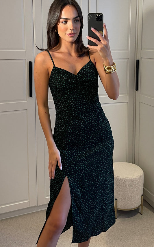 Green floral print cami midi dress with side split in navy