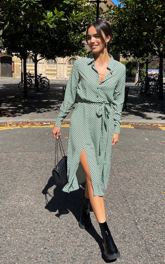 Geometric print shirt dress long sleeves and button through in green