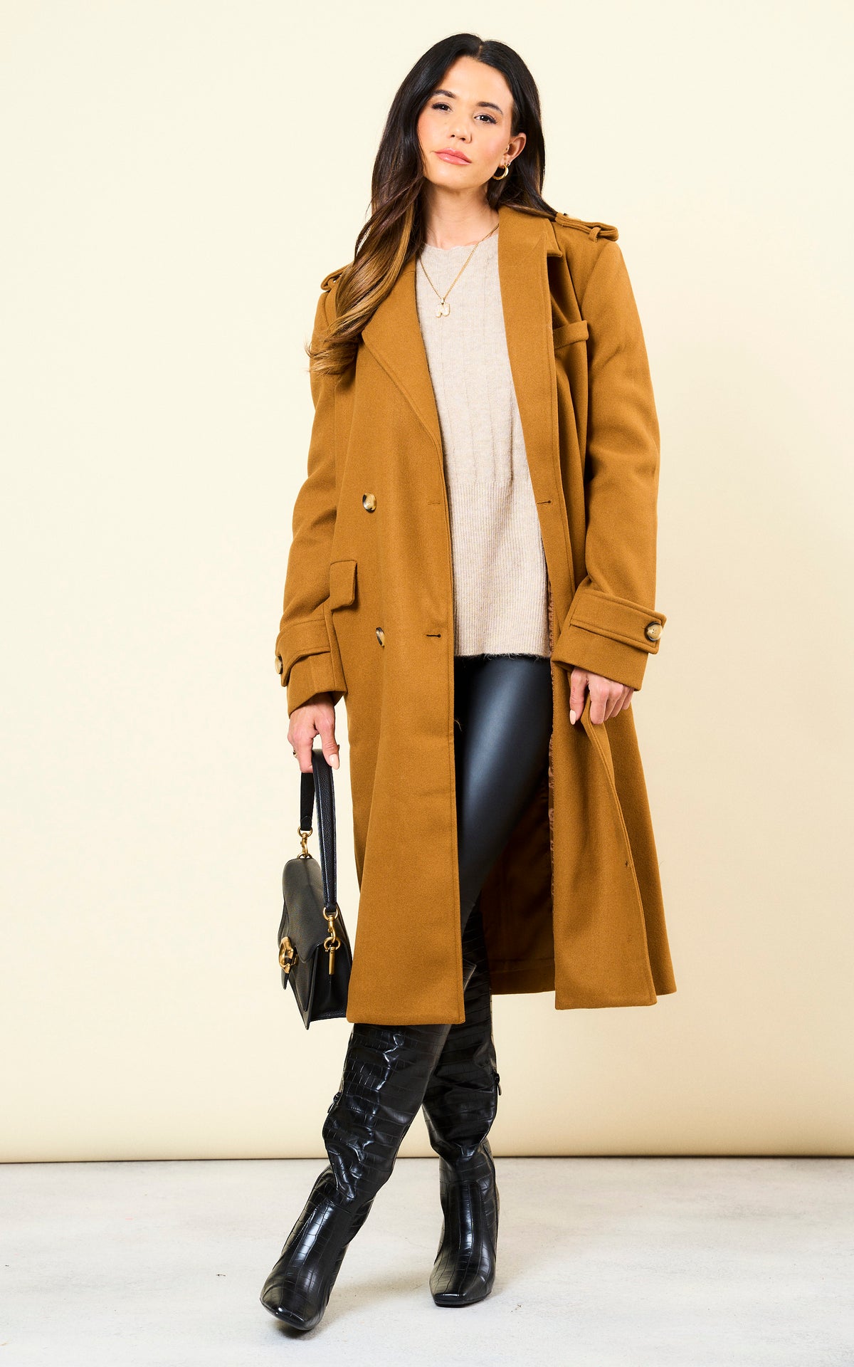 Double Breasted Longline Coat in Brown