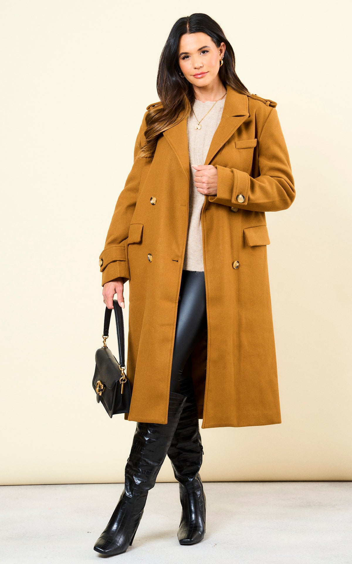 Double Breasted Longline Coat in Brown