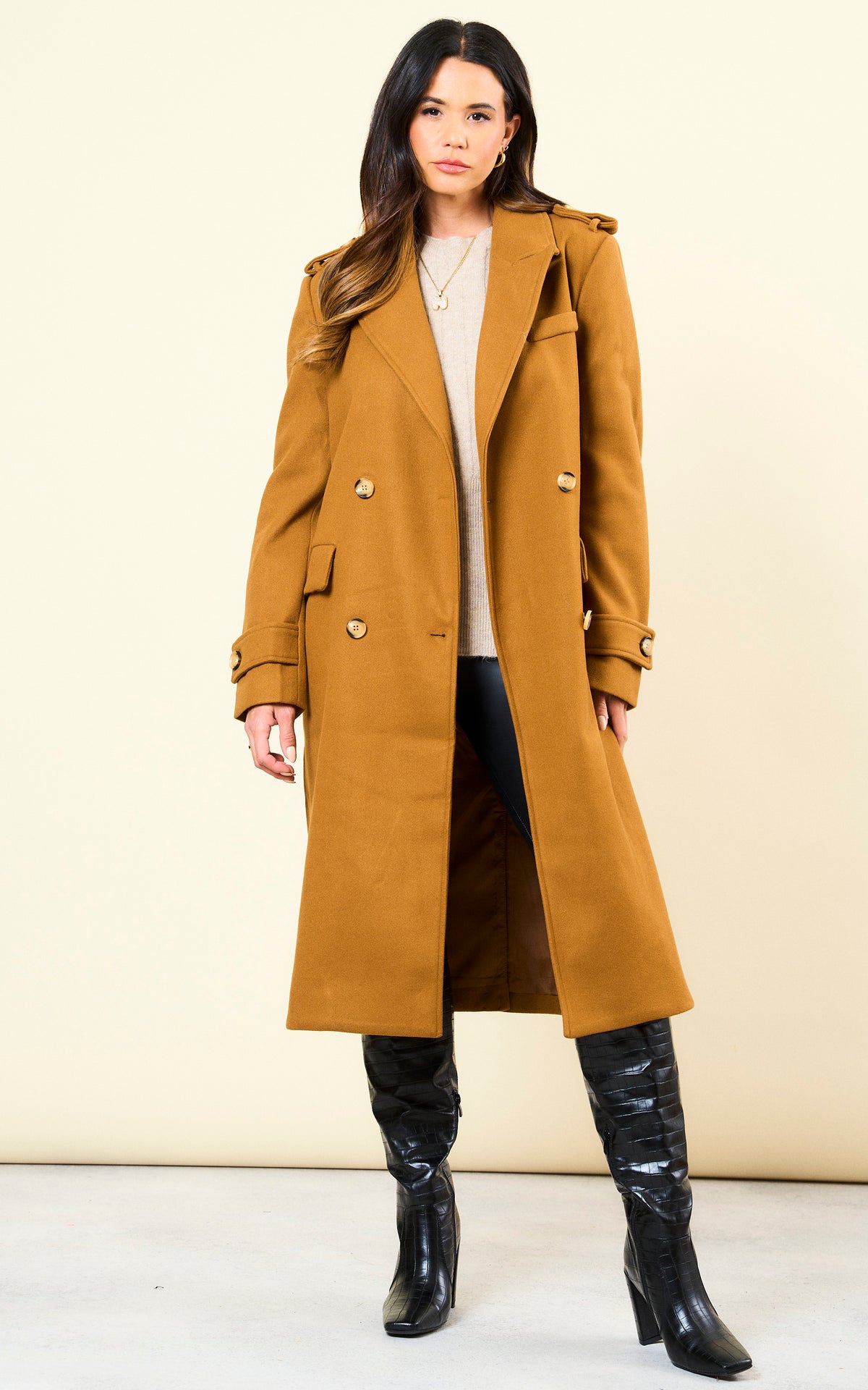 Double Breasted Longline Coat in Brown