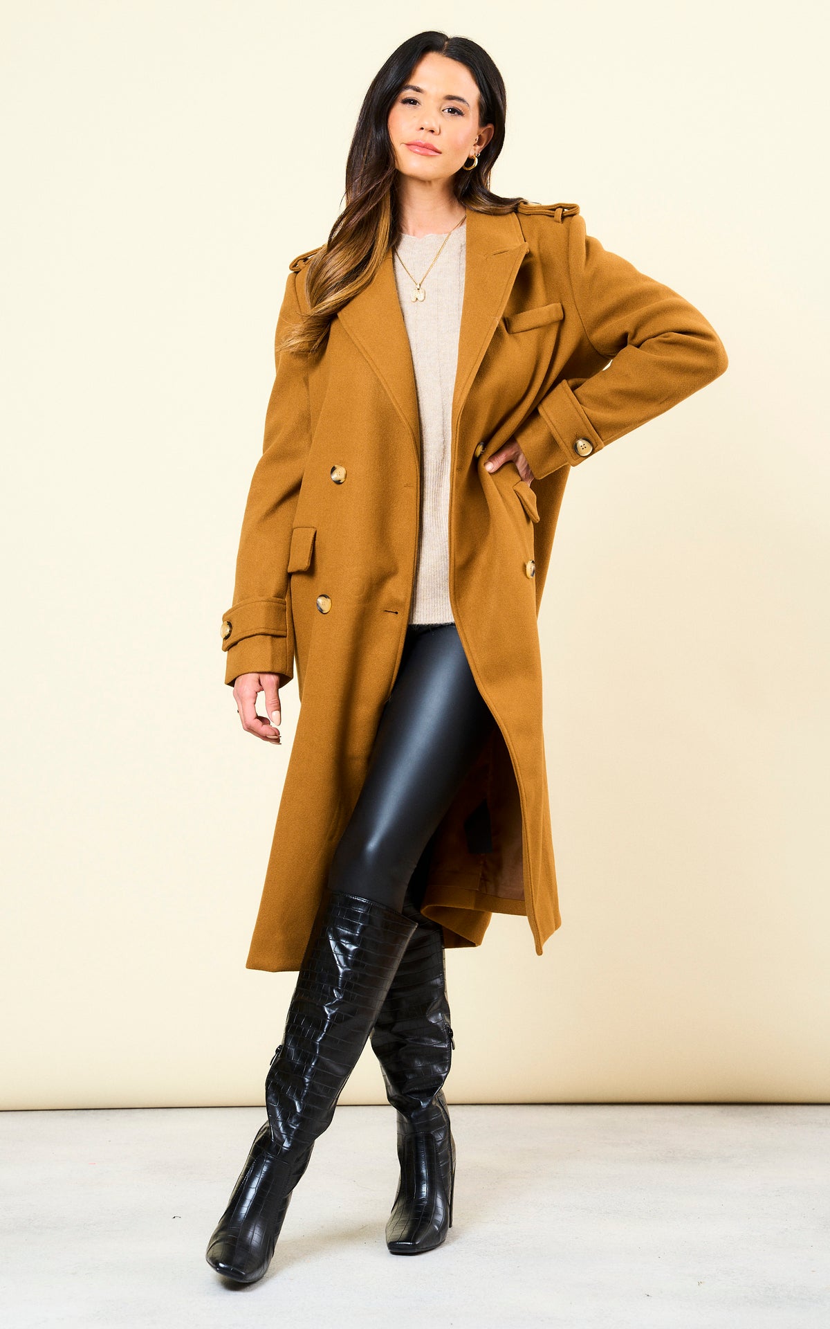 Double Breasted Longline Coat in Brown