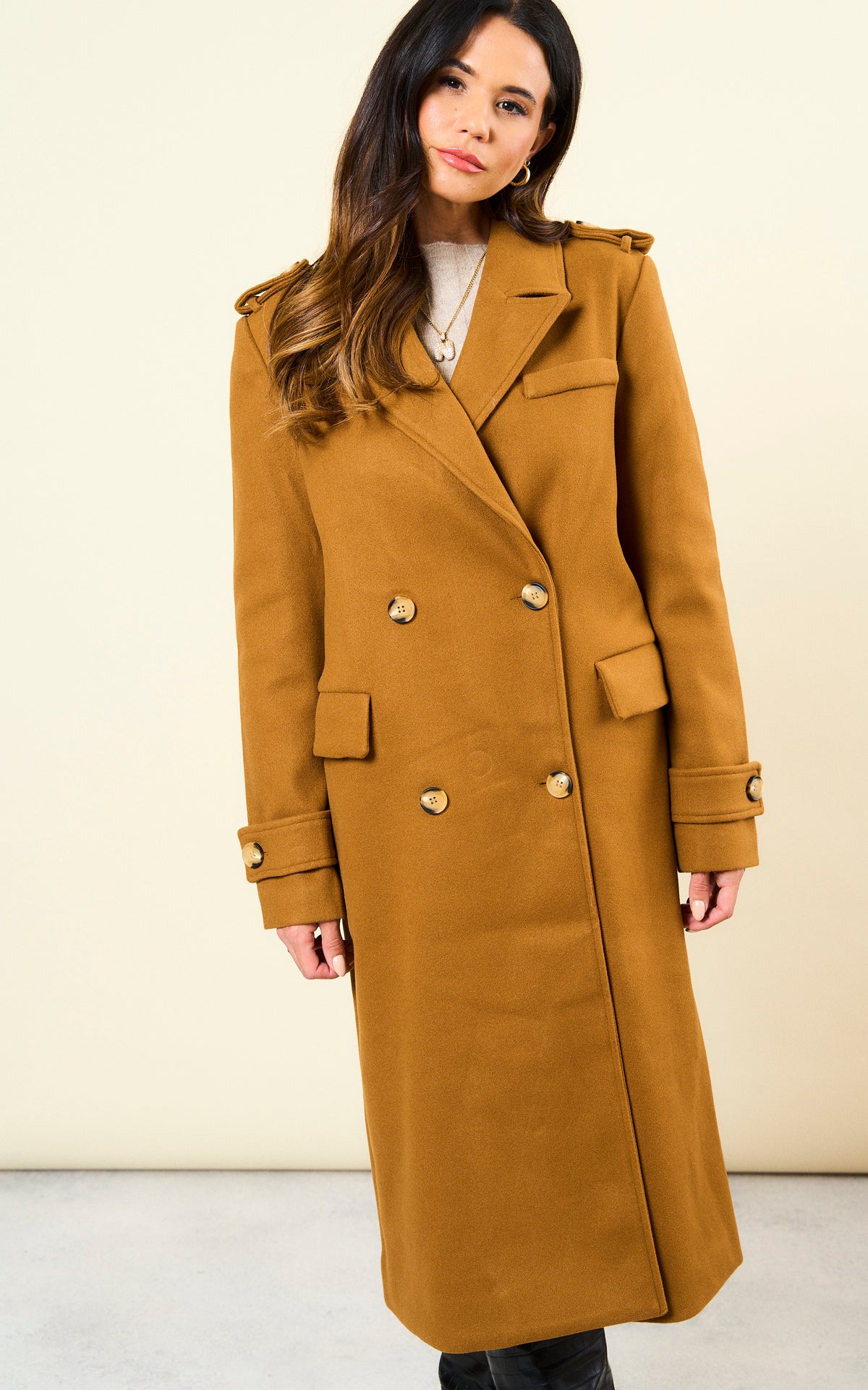 Double Breasted Longline Coat in Brown