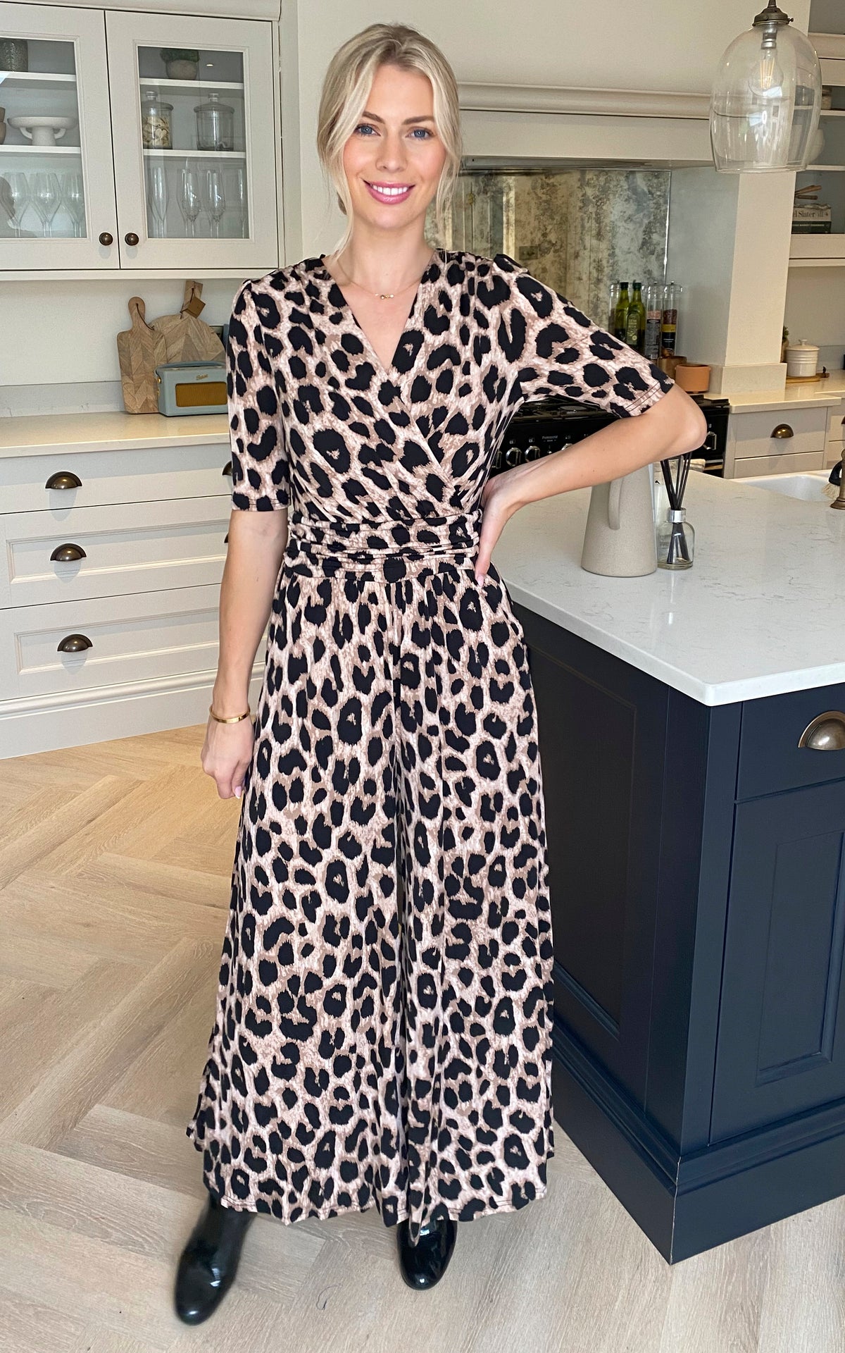 Bailee Wrap Jersey Jumpsuit, Pink Animal