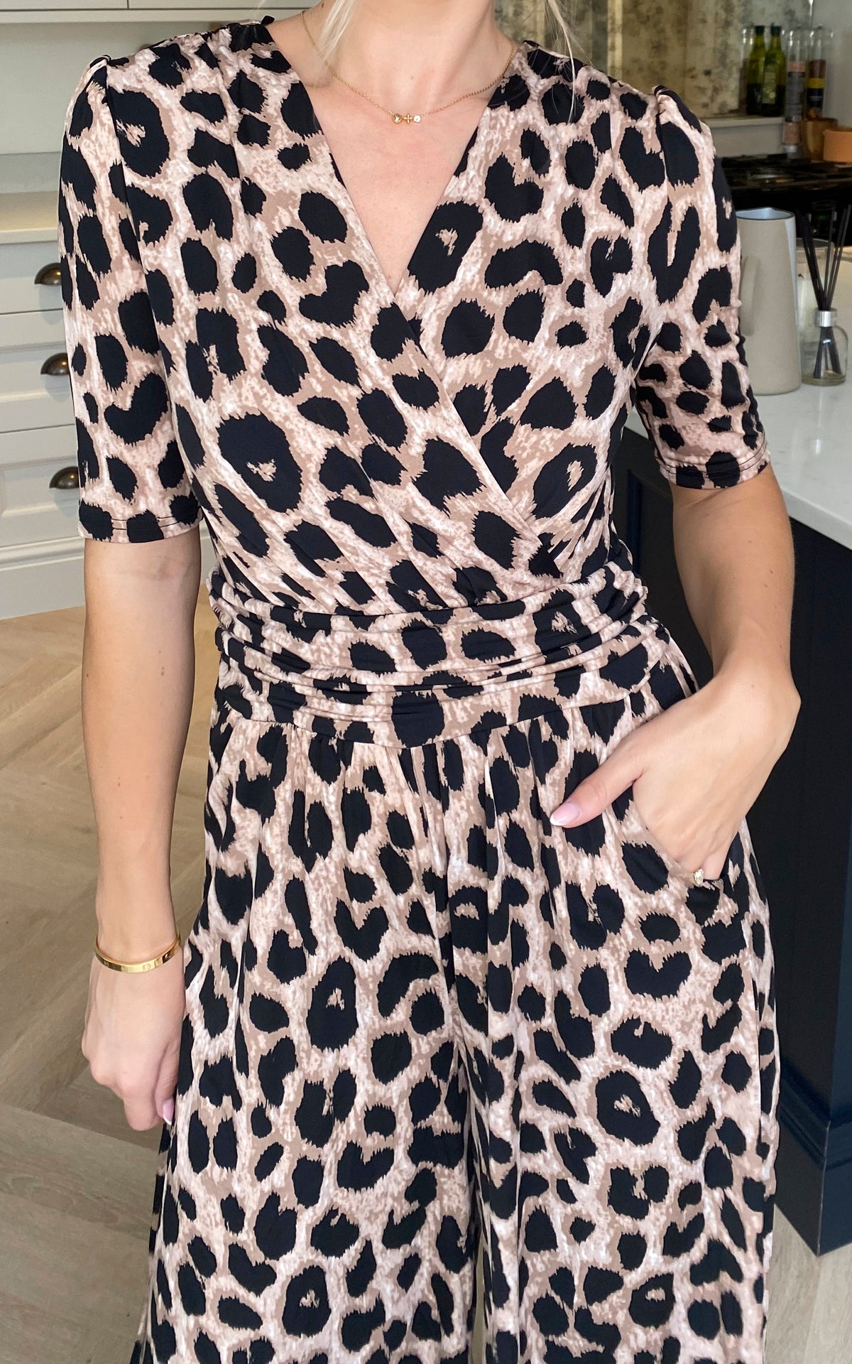 Bailee Wrap Jersey Jumpsuit, Pink Animal