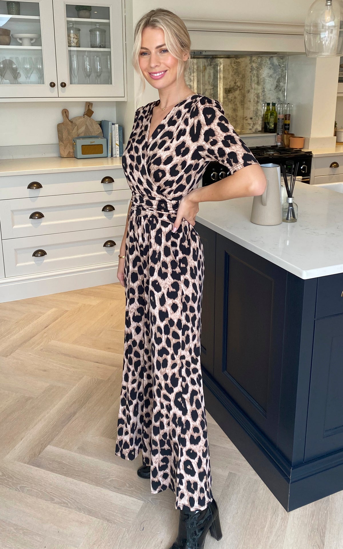Bailee Wrap Jersey Jumpsuit, Pink Animal
