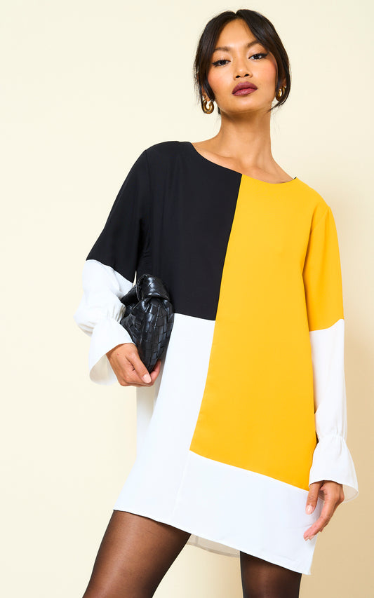 Oversized Colour Block Top in Mustard, Black and White