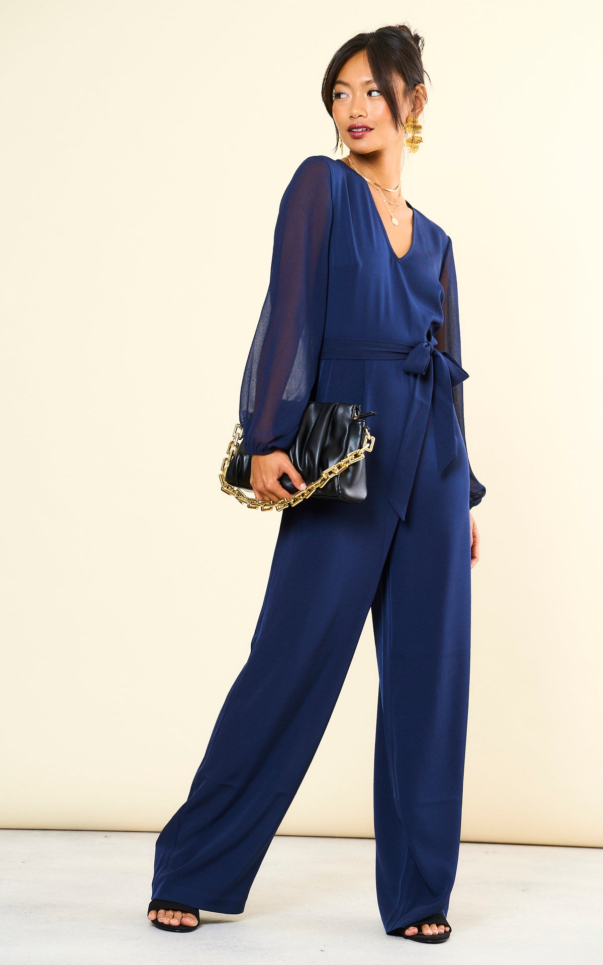 Navy Long Sleeve Jumpsuit with Chiffon Sleeve