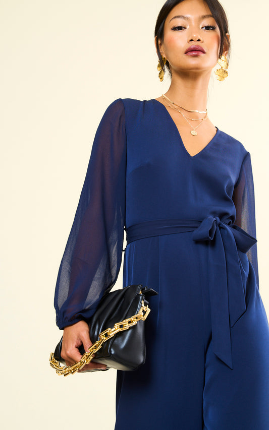 Navy Long Sleeve Jumpsuit with Chiffon Sleeve